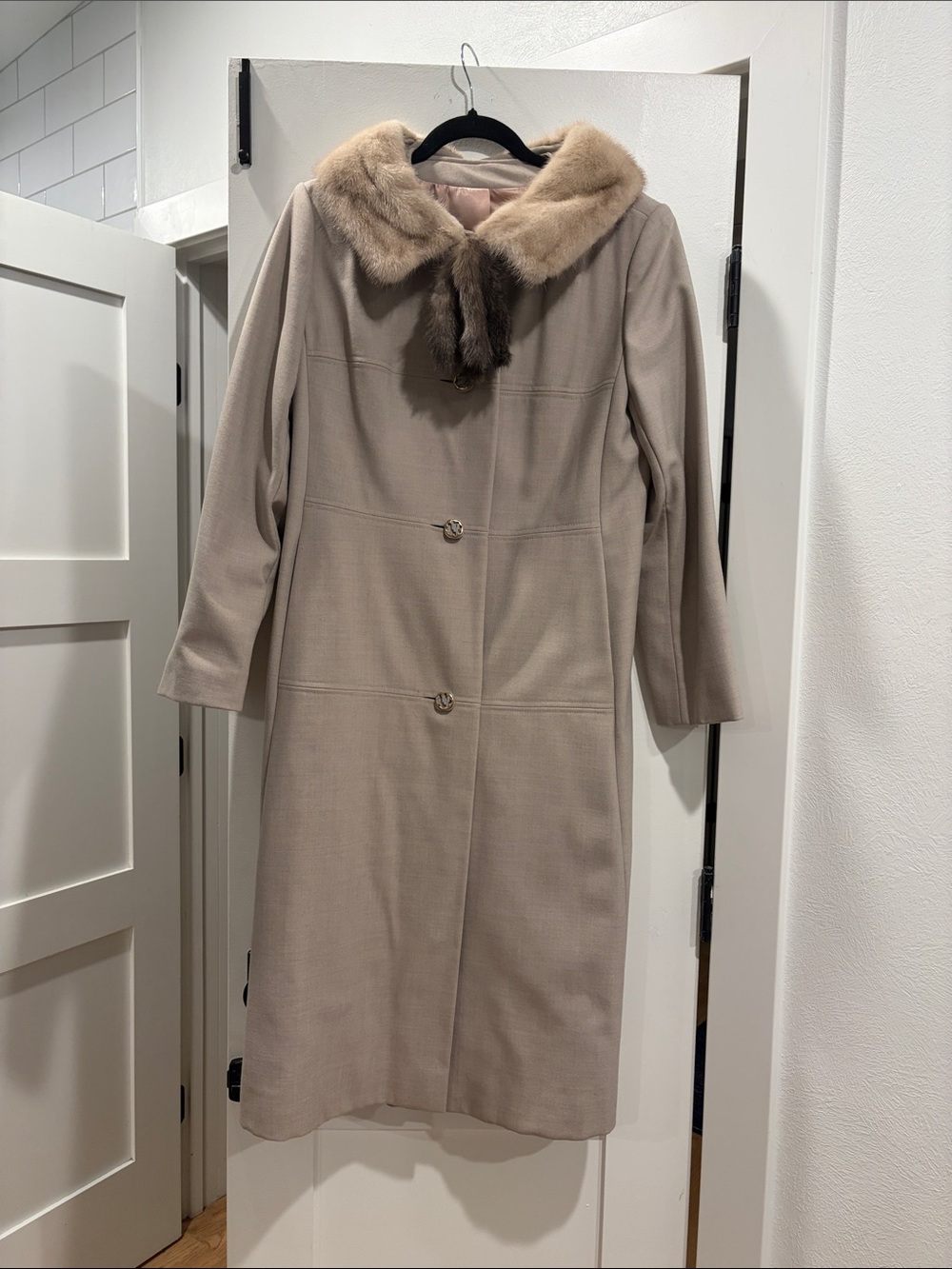1960’ French Double Breasted Meri K Beige Trench Coat with Mink Fur Collar
